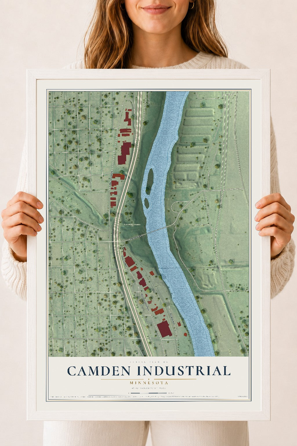 Map of Camden Industrial, Minnesota, 18 x 24 inch print in a white wood frame