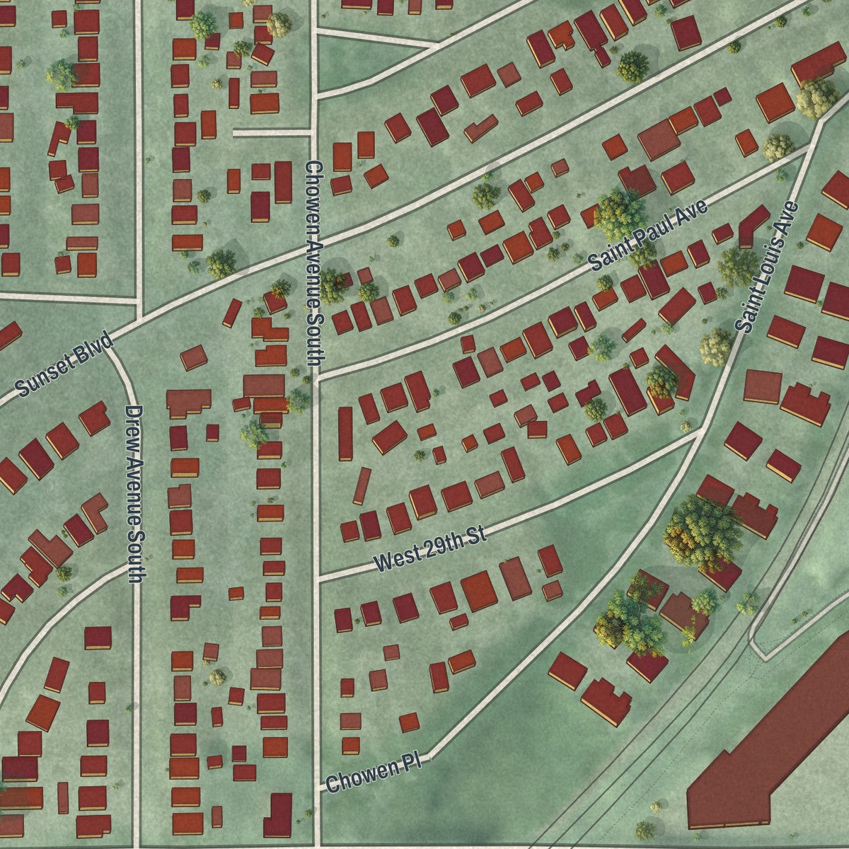 Close-up of the map of Cedar - Isles - Dean, Minnesota print showing street and building detail