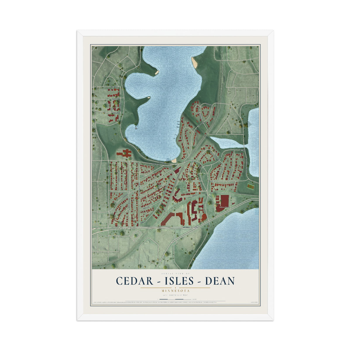 Map of Cedar - Isles - Dean, Minnesota, 12 x 18 inch print in a white wood frame