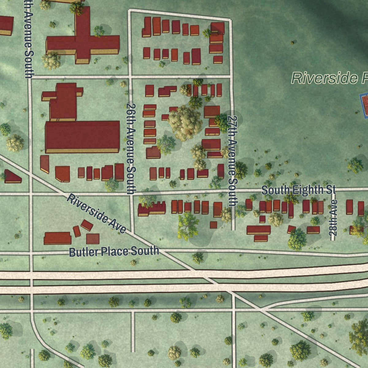 Second close-up of the map of Cedar Riverside, Minnesota print showing more streets and buildings