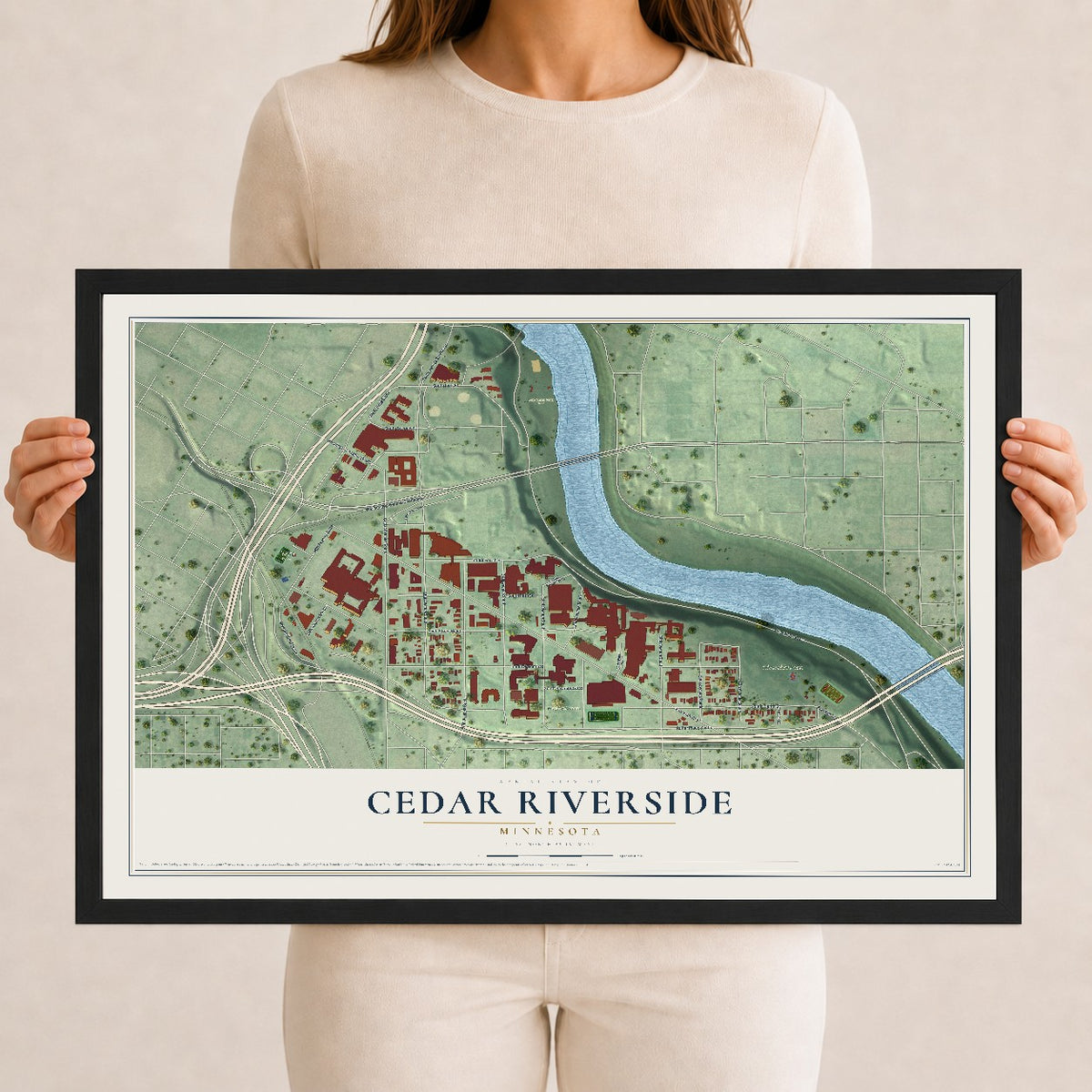 Map of Cedar Riverside, Minnesota, 12 x 18 inch print in a black wood frame