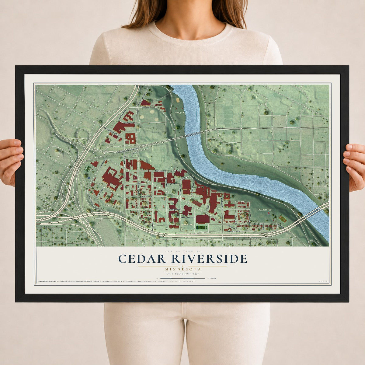 Map of Cedar Riverside, Minnesota, 18 x 24 inch print in a black wood frame