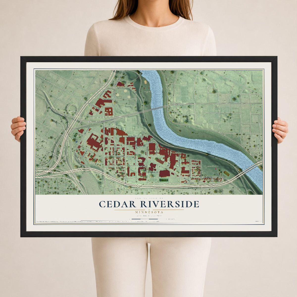 Map of Cedar Riverside, Minnesota, 24 x 36 inch print in a black wood frame