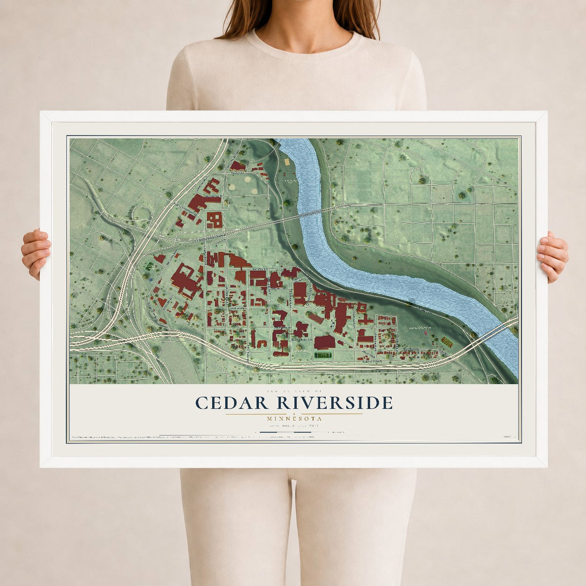 Map of Cedar Riverside, Minnesota, 24 x 36 inch print in a white wood frame