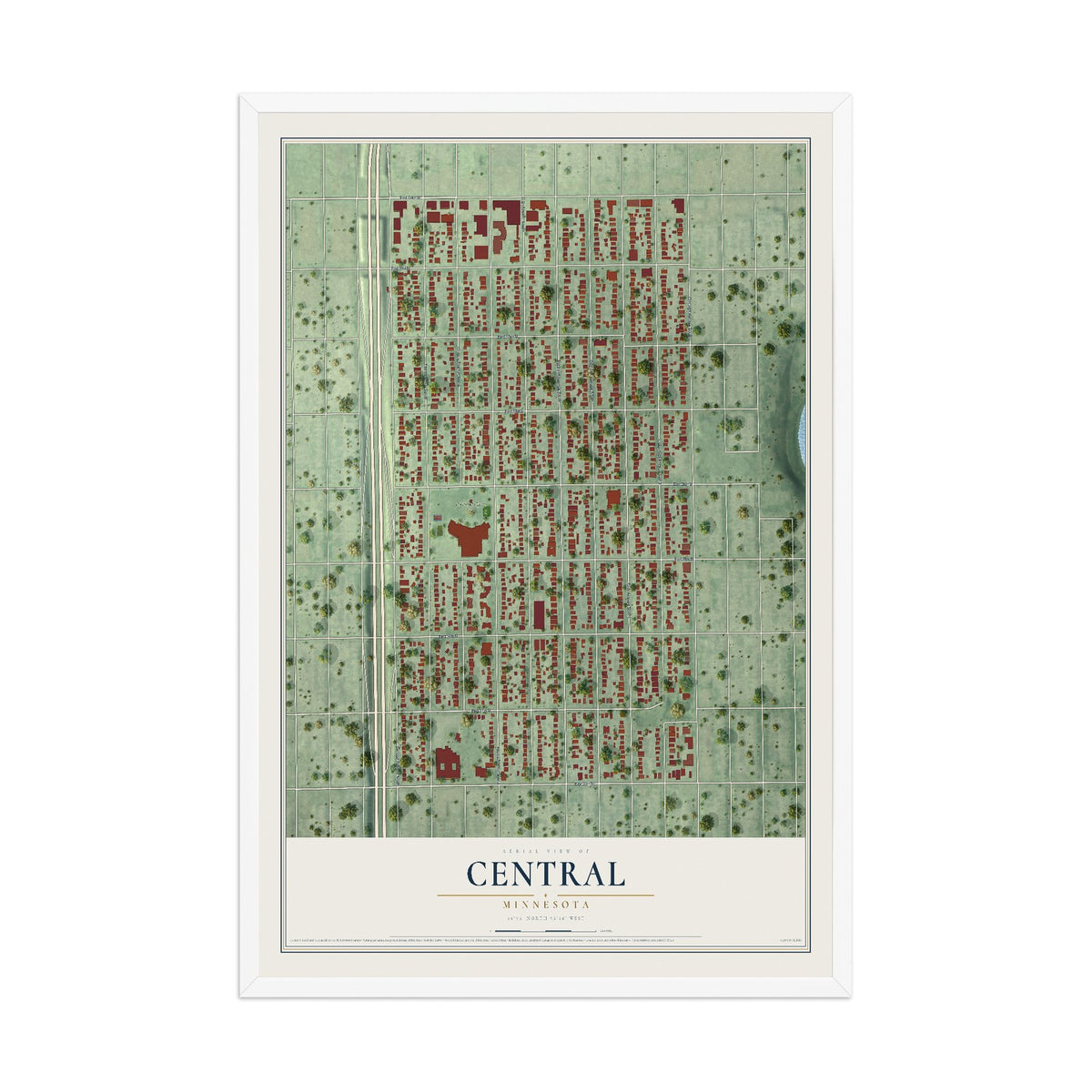 Map of Central, Minnesota, 12 x 18 inch print in a white wood frame