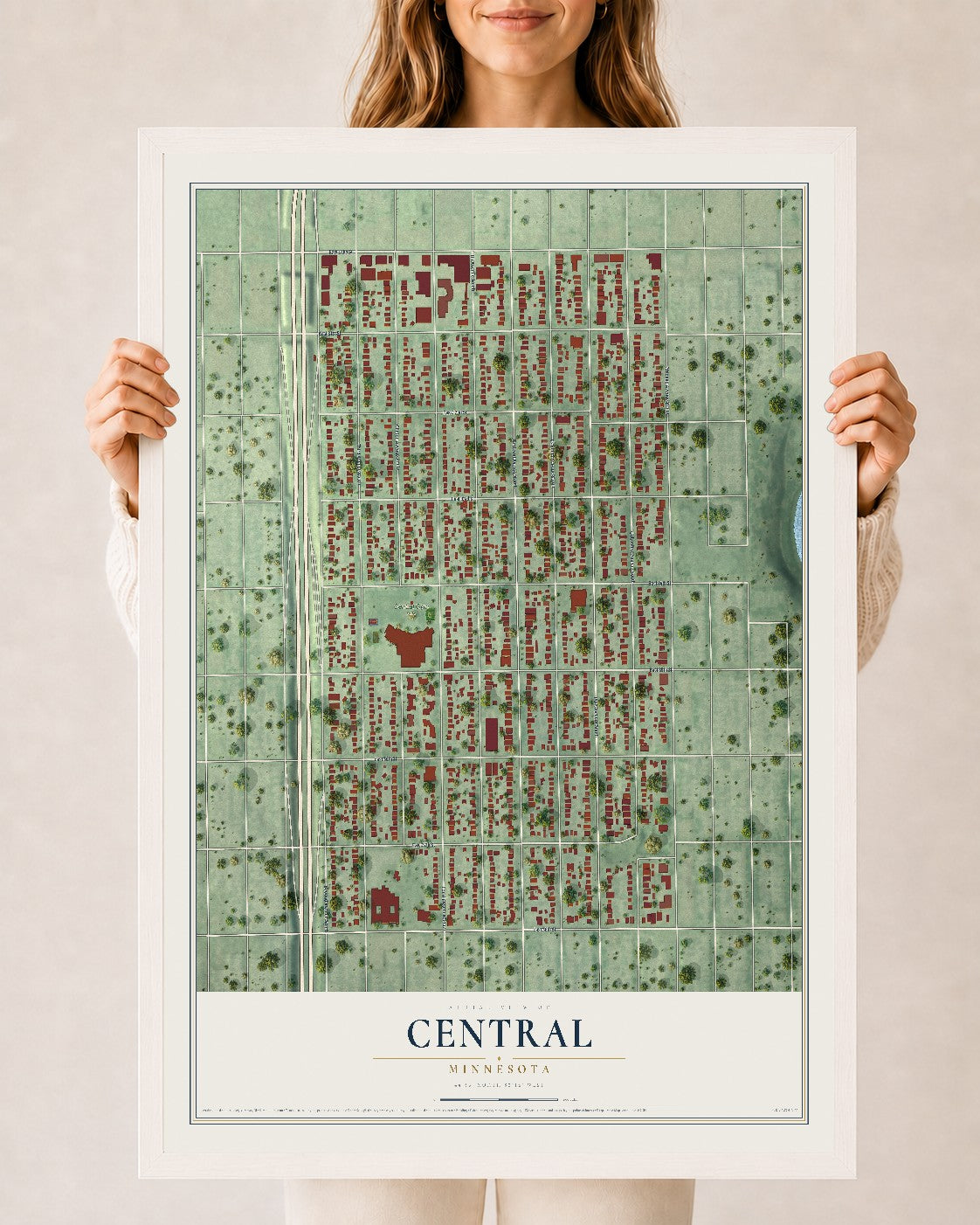 Map of Central, Minnesota, 24 x 36 inch print in a white wood frame