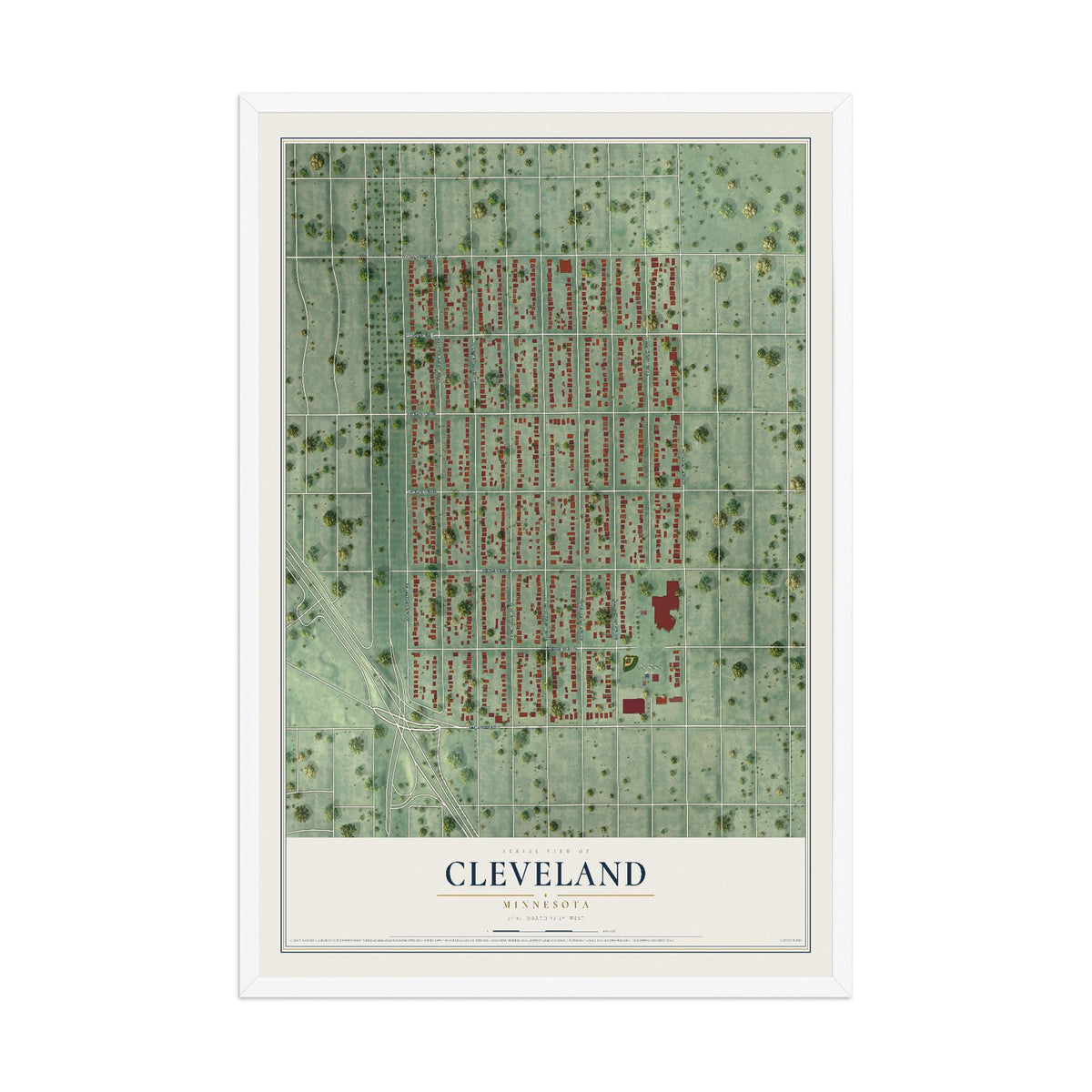 Map of Cleveland, Minneapolis, Minnesota, 12 x 18 inch print in a white wood frame