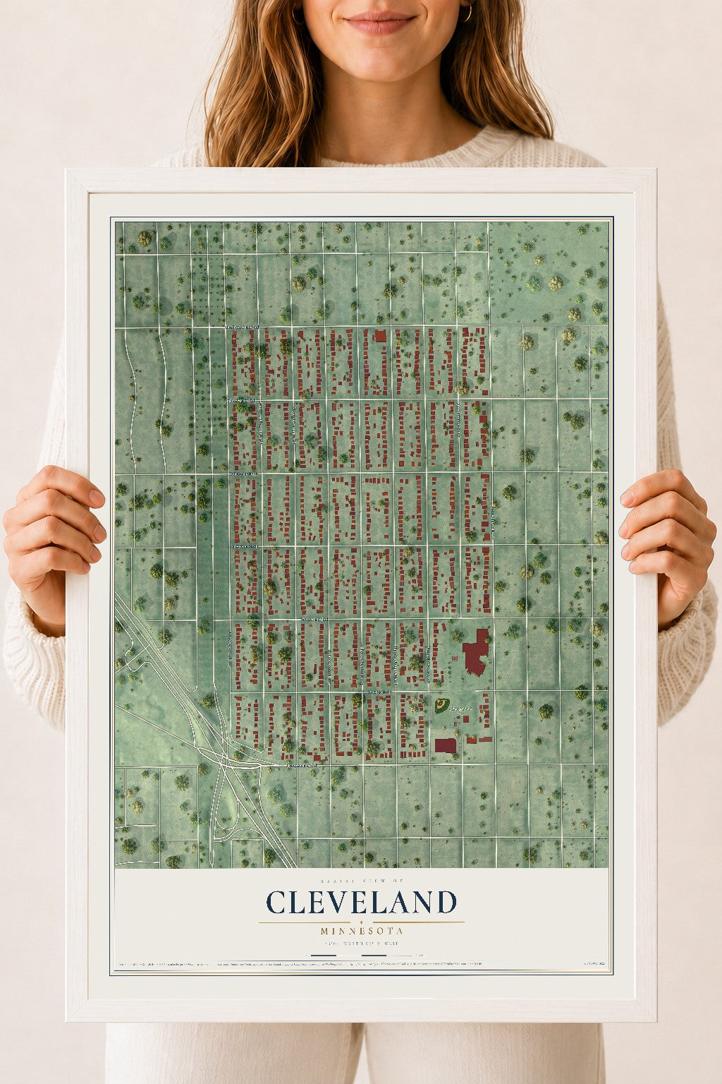 Map of Cleveland, Minneapolis, Minnesota, 18 x 24 inch print in a white wood frame