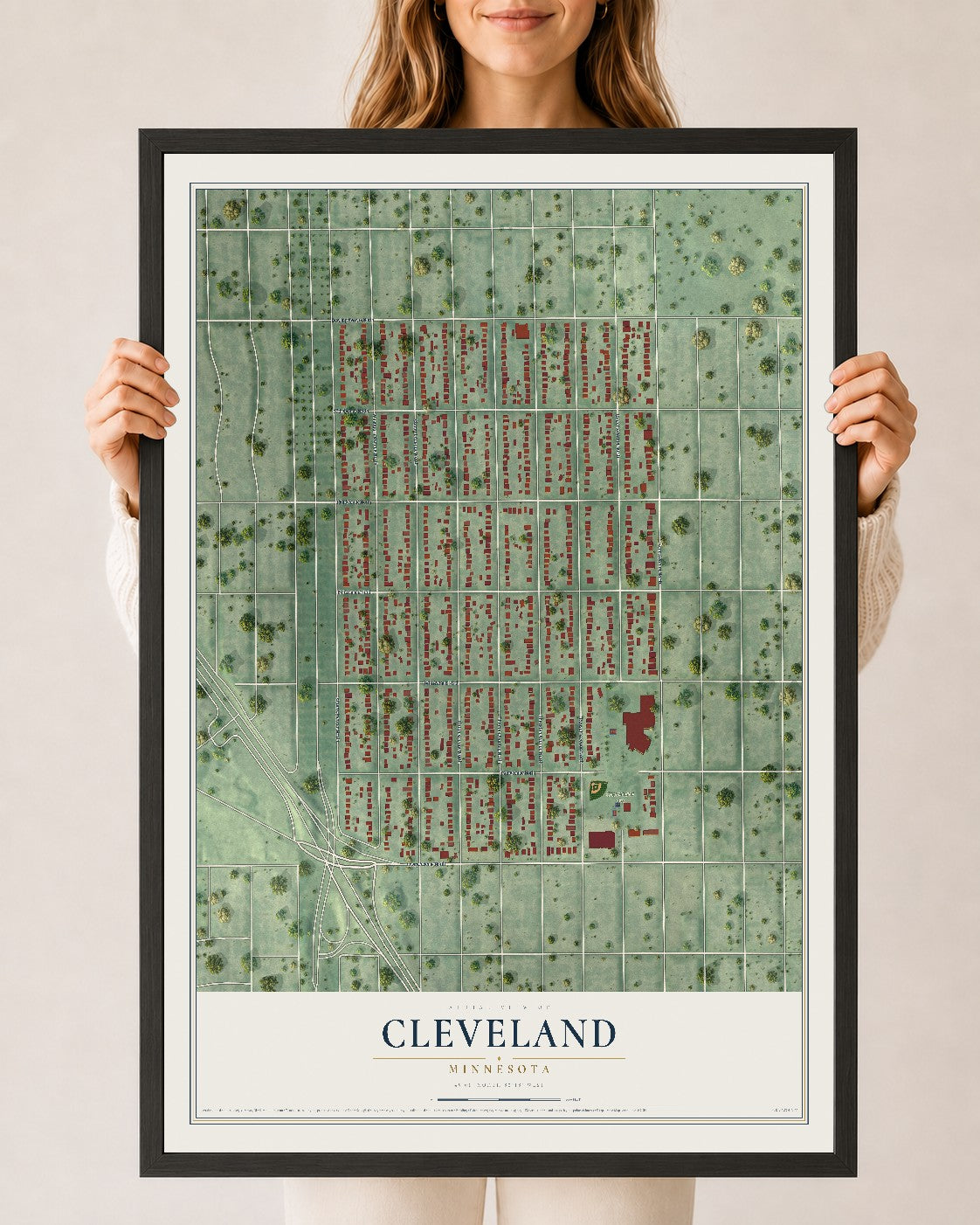 Map of Cleveland, Minneapolis, Minnesota, 24 x 36 inch print in a black wood frame