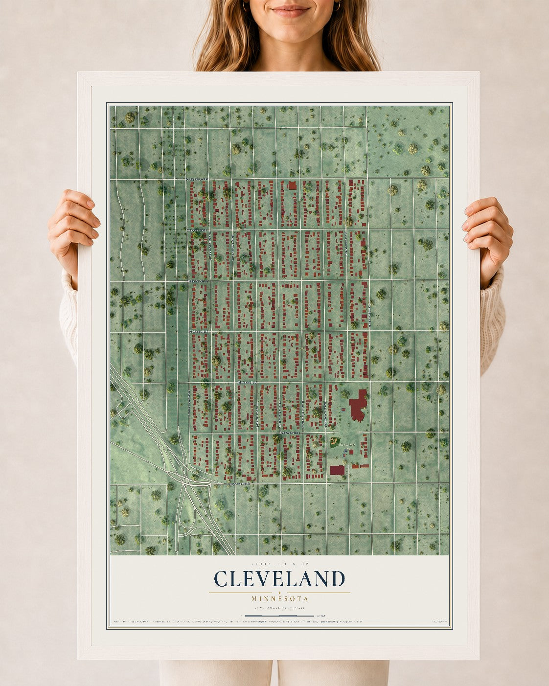 Map of Cleveland, Minneapolis, Minnesota, 24 x 36 inch print in a white wood frame