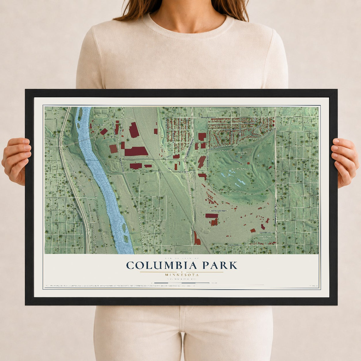Map of Columbia Park, Minnesota, 12 x 18 inch print in a black wood frame