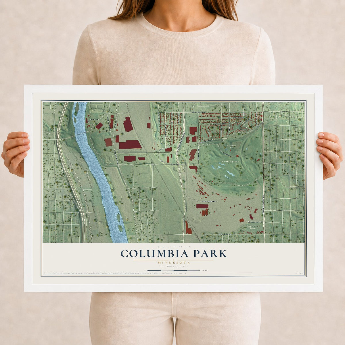 Map of Columbia Park, Minnesota, 12 x 18 inch print in a white wood frame