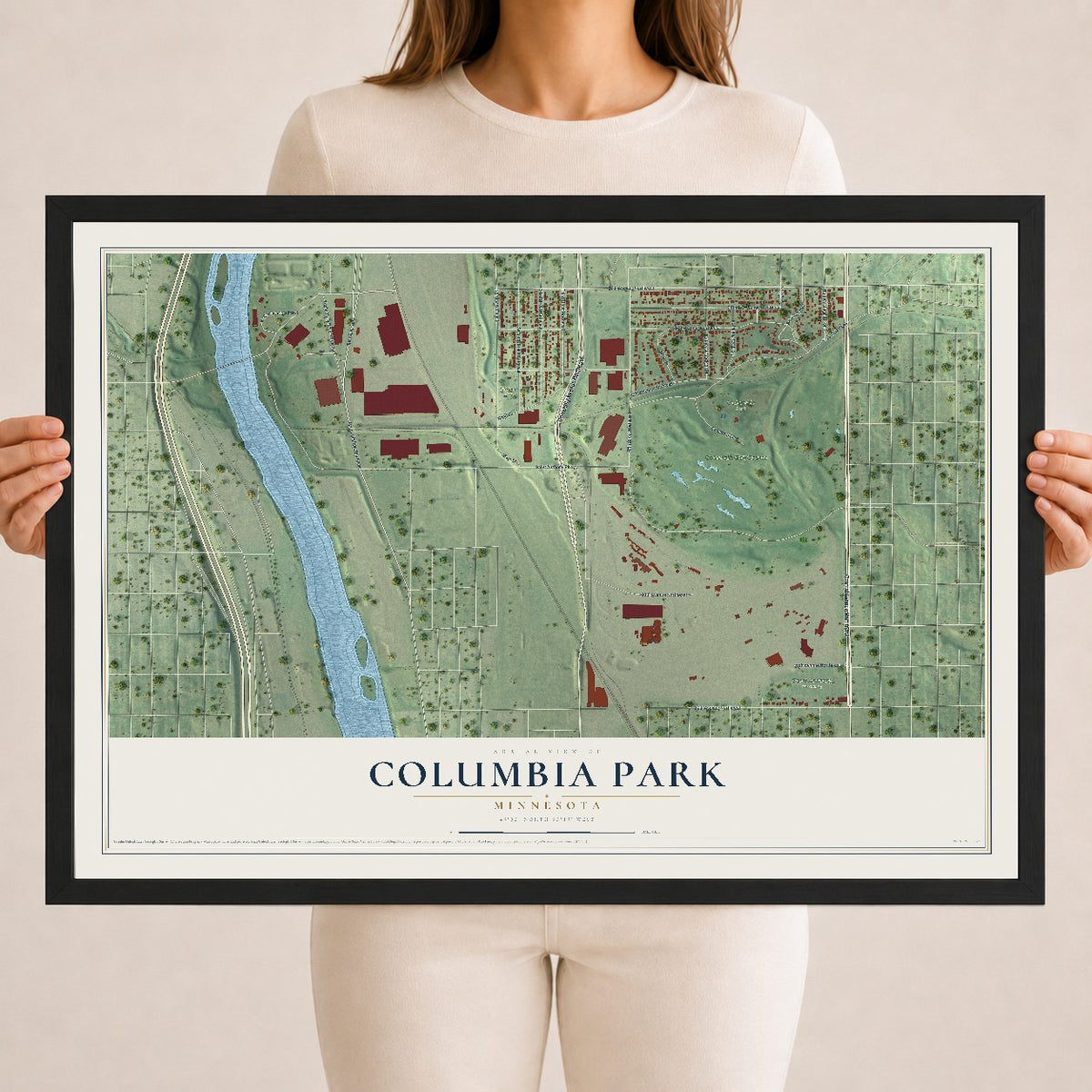 Map of Columbia Park, Minnesota, 18 x 24 inch print in a black wood frame