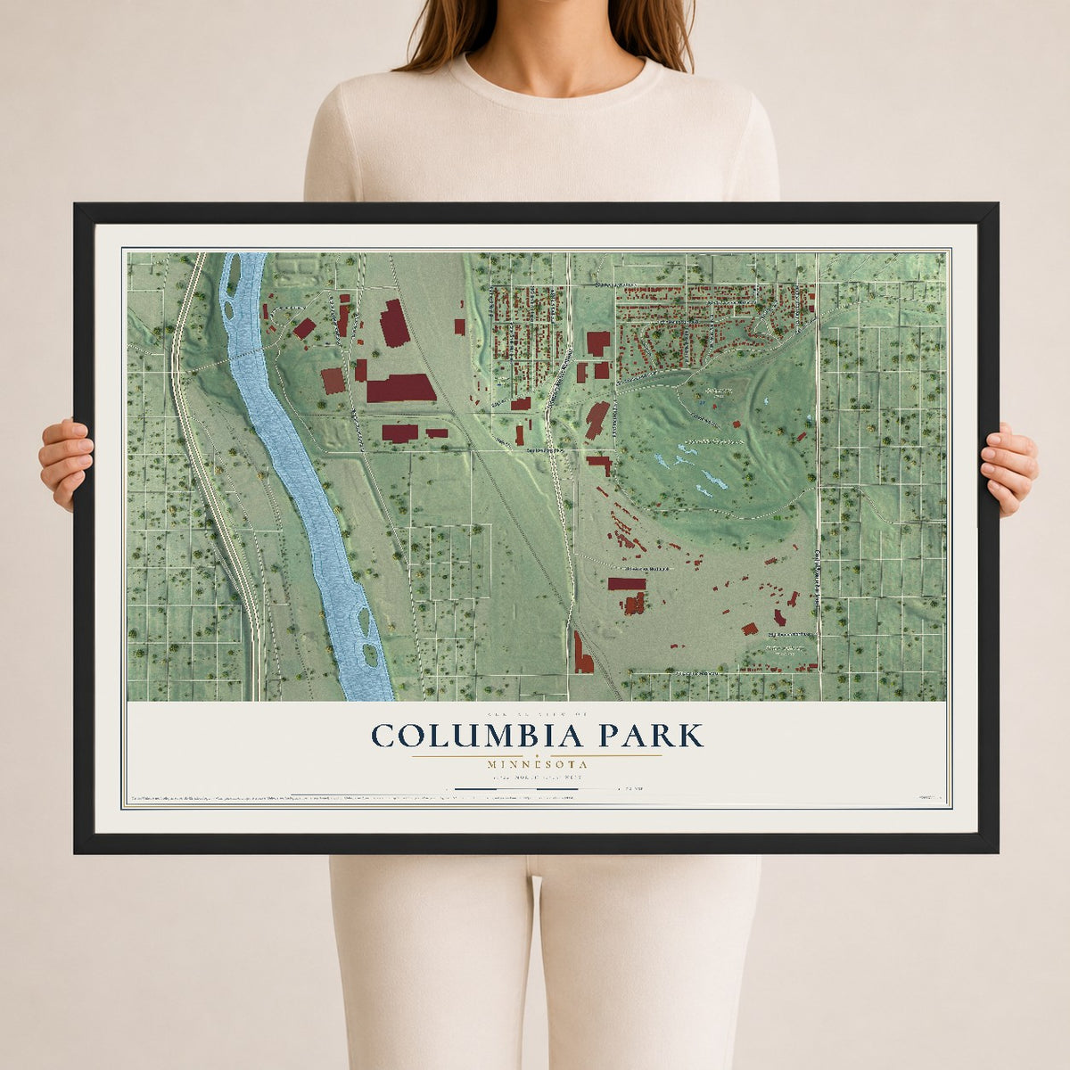 Map of Columbia Park, Minnesota, 24 x 36 inch print in a black wood frame