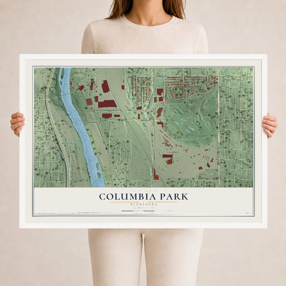 Map of Columbia Park, Minnesota, 24 x 36 inch print in a white wood frame