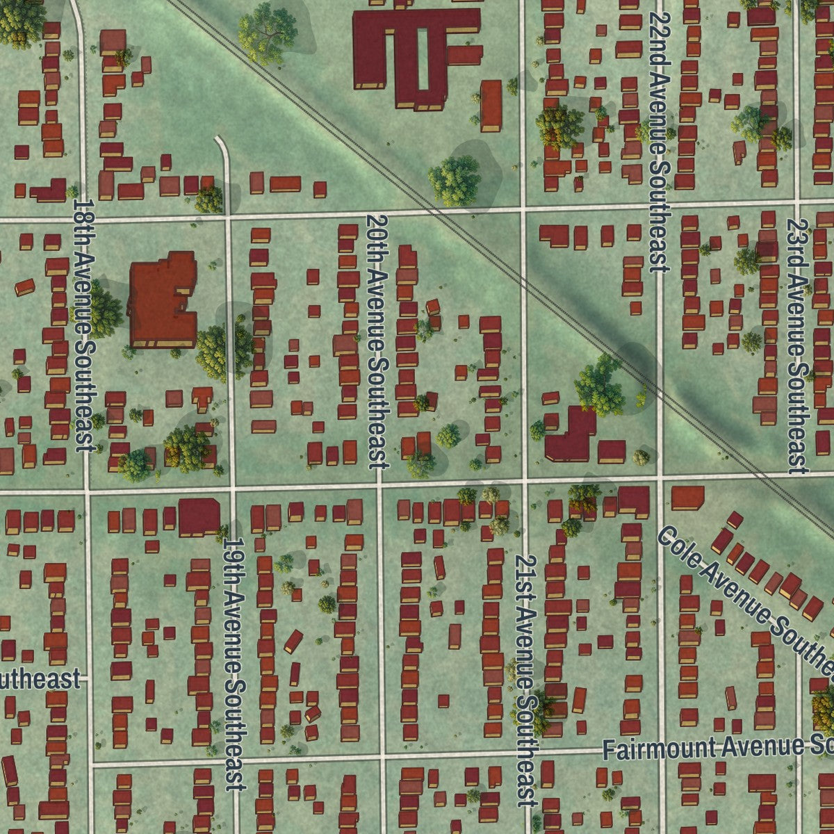 Close-up of the map of Como, Minnesota print showing street and building detail