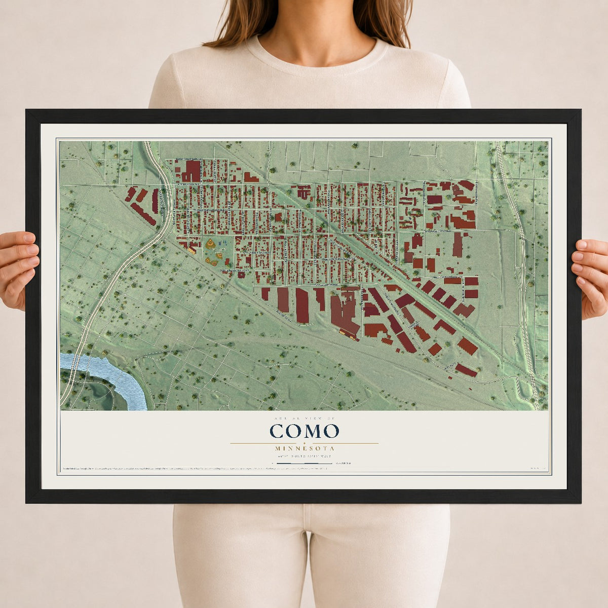 Map of Como, Minnesota, 18 x 24 inch print in a black wood frame