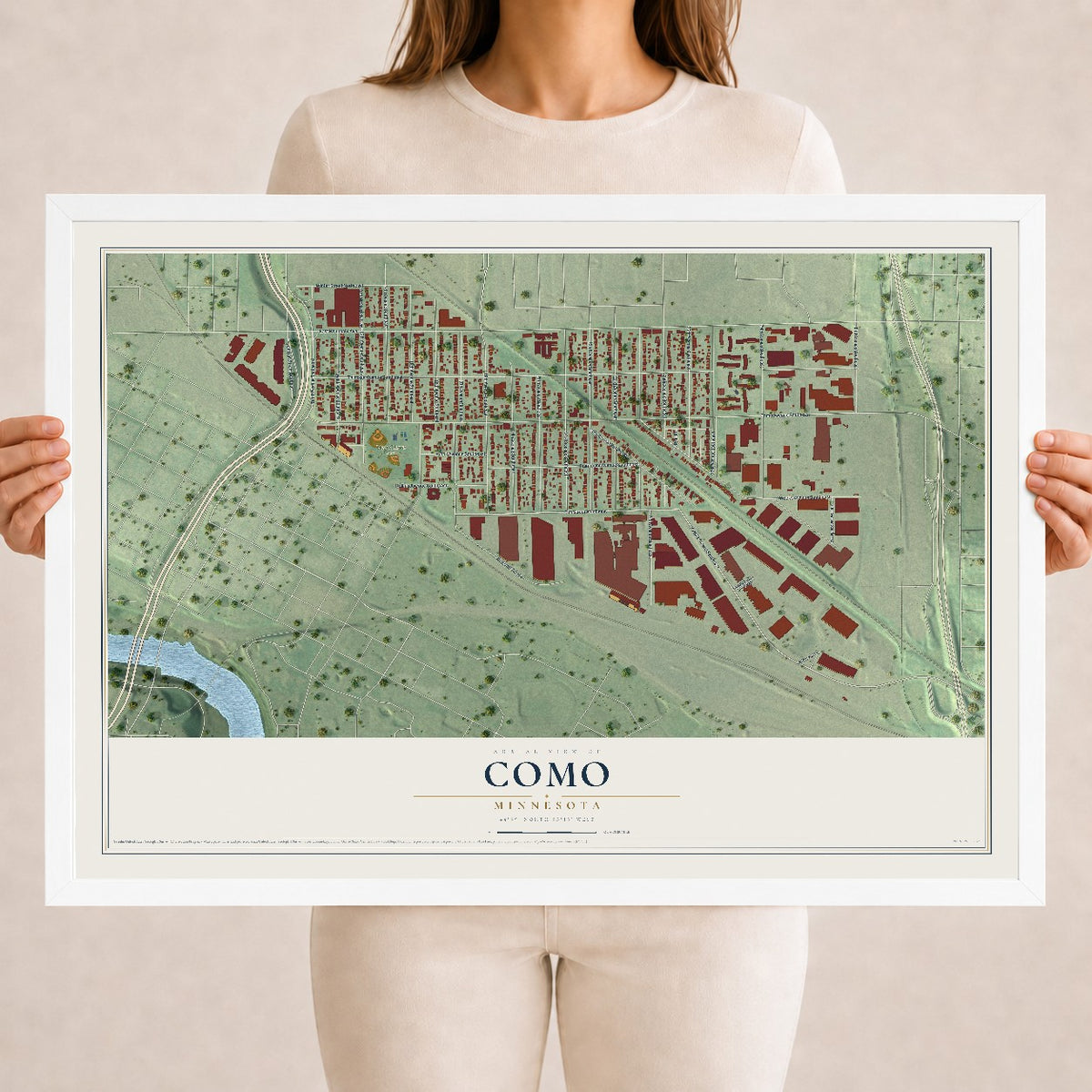 Map of Como, Minnesota, 18 x 24 inch print in a white wood frame