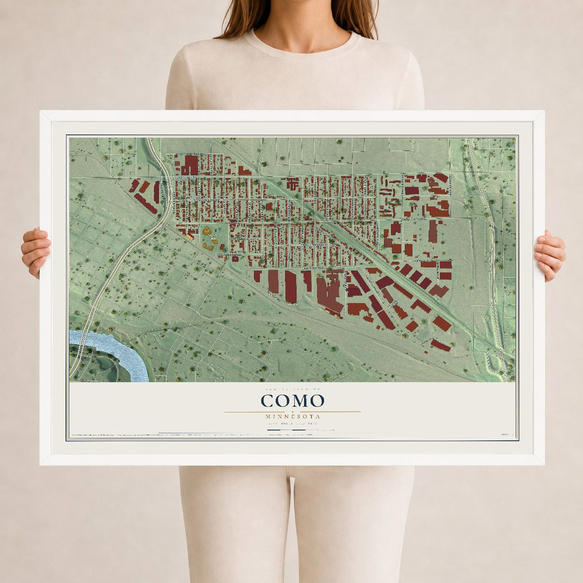 Map of Como, Minnesota, 24 x 36 inch print in a white wood frame