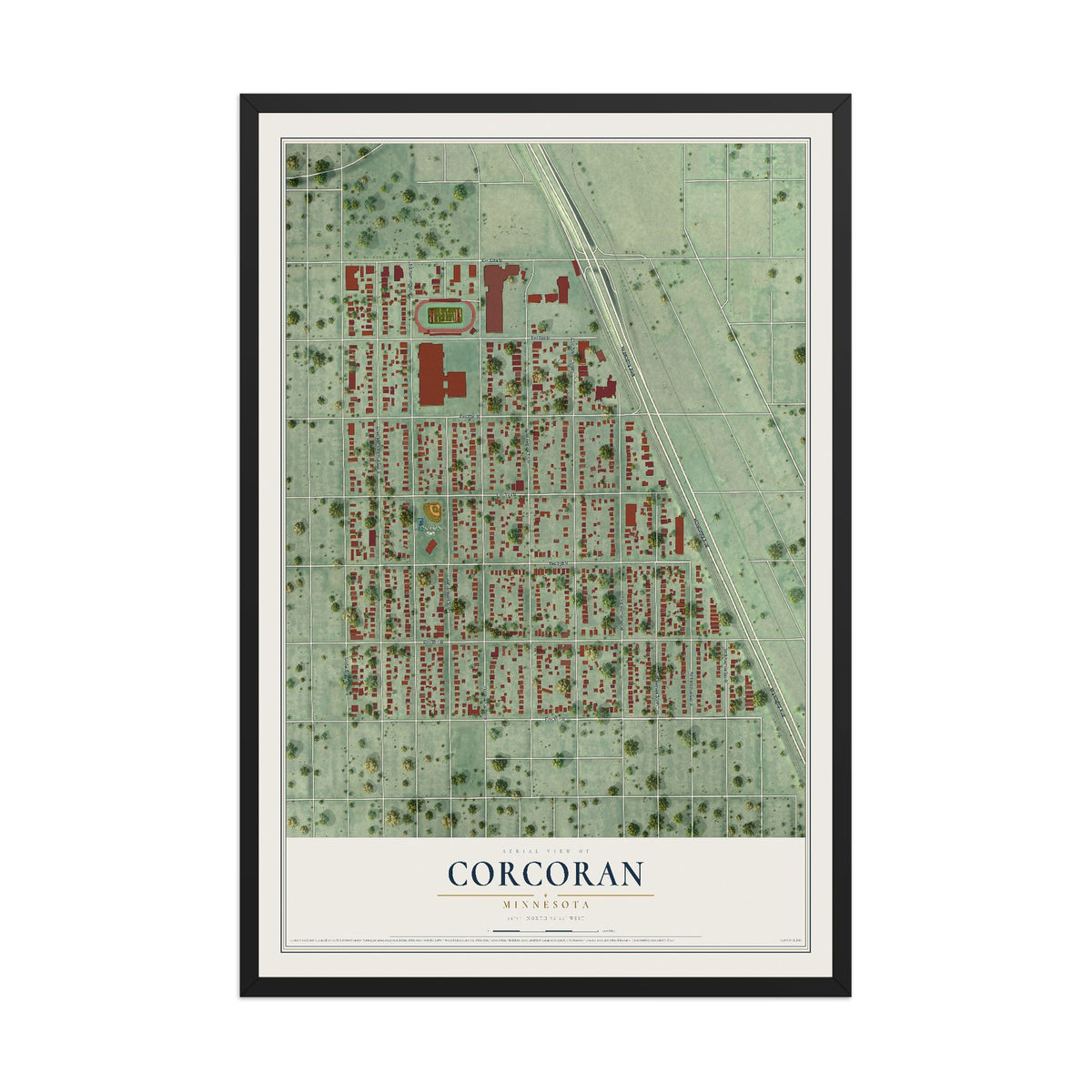 Map of Corcoran, Minneapolis, Minnesota, 12 x 18 inch print in a black wood frame
