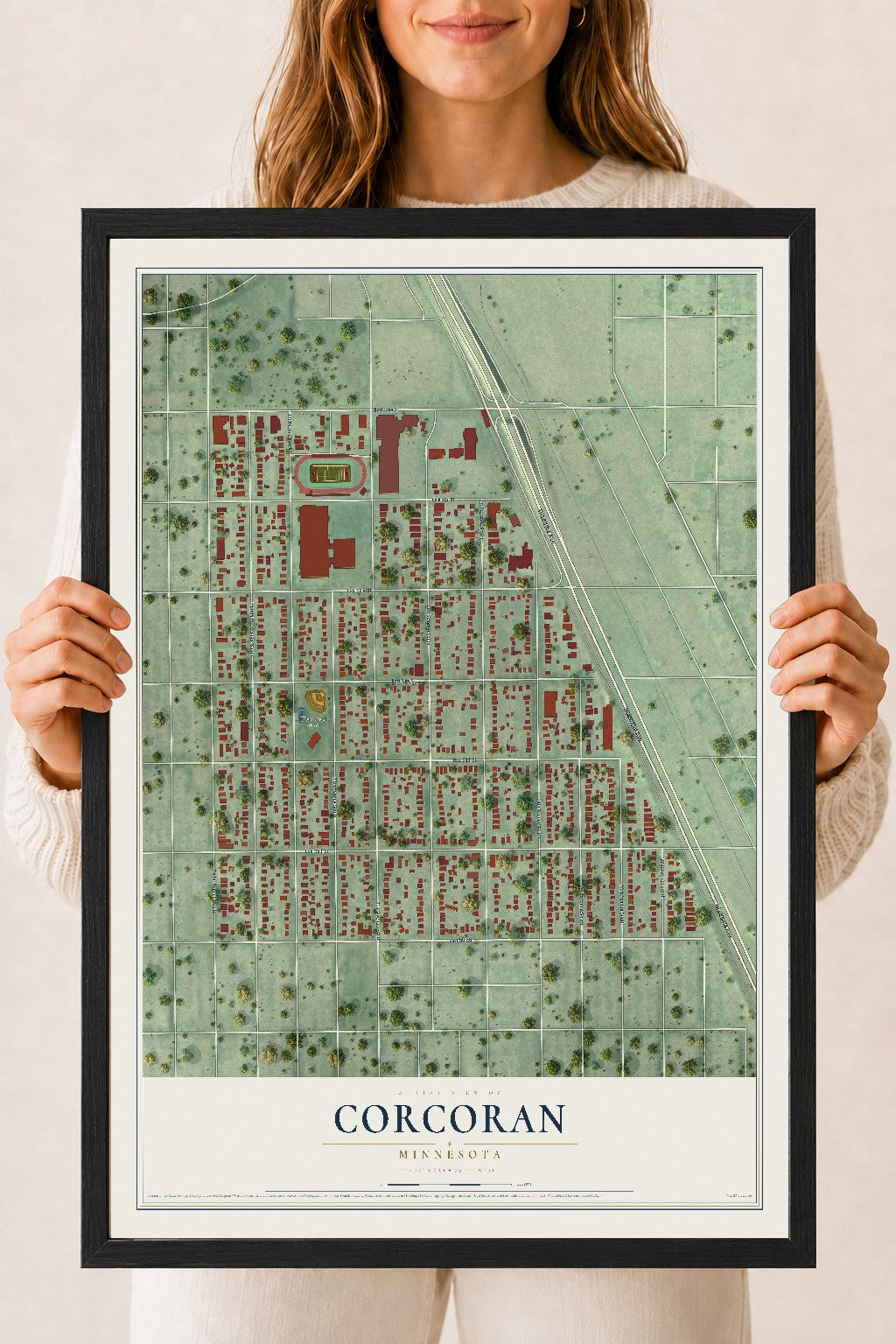 Map of Corcoran, Minneapolis, Minnesota, 18 x 24 inch print in a black wood frame