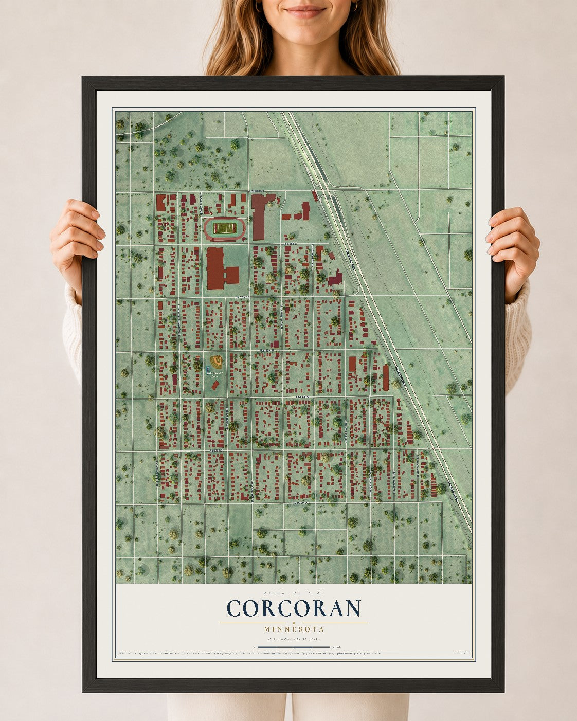 Map of Corcoran, Minneapolis, Minnesota, 24 x 36 inch print in a black wood frame