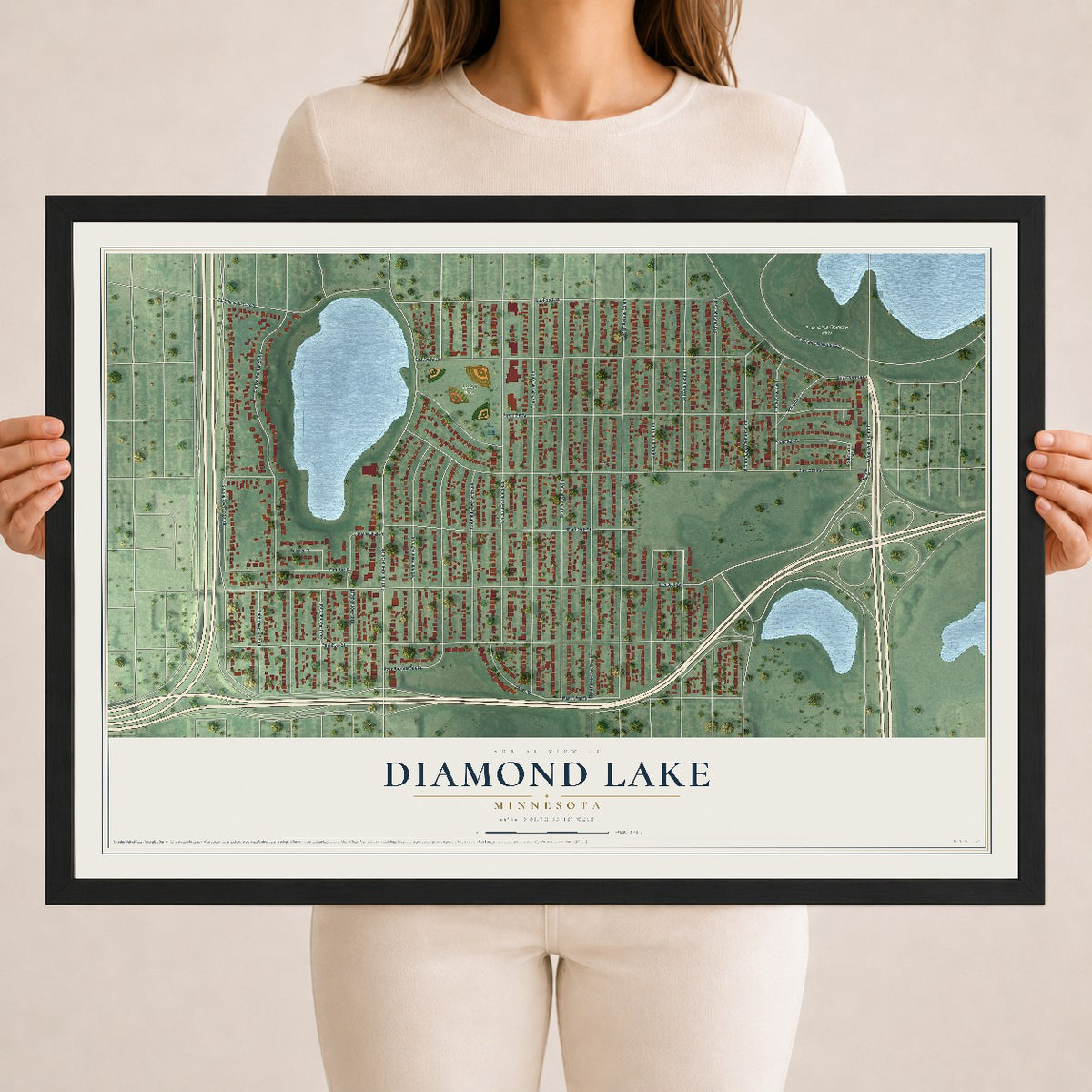 Map of Diamond Lake, Minnesota, 18 x 24 inch print in a black wood frame