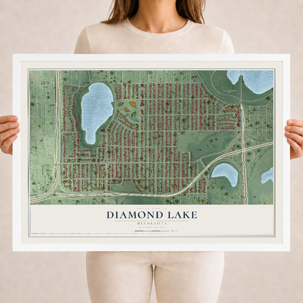 Map of Diamond Lake, Minnesota, 18 x 24 inch print in a white wood frame