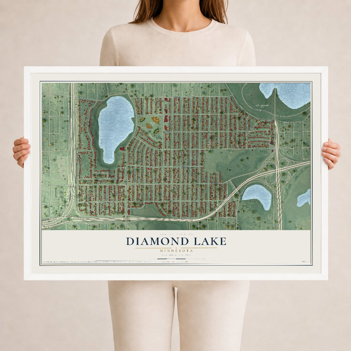 Map of Diamond Lake, Minnesota, 24 x 36 inch print in a white wood frame