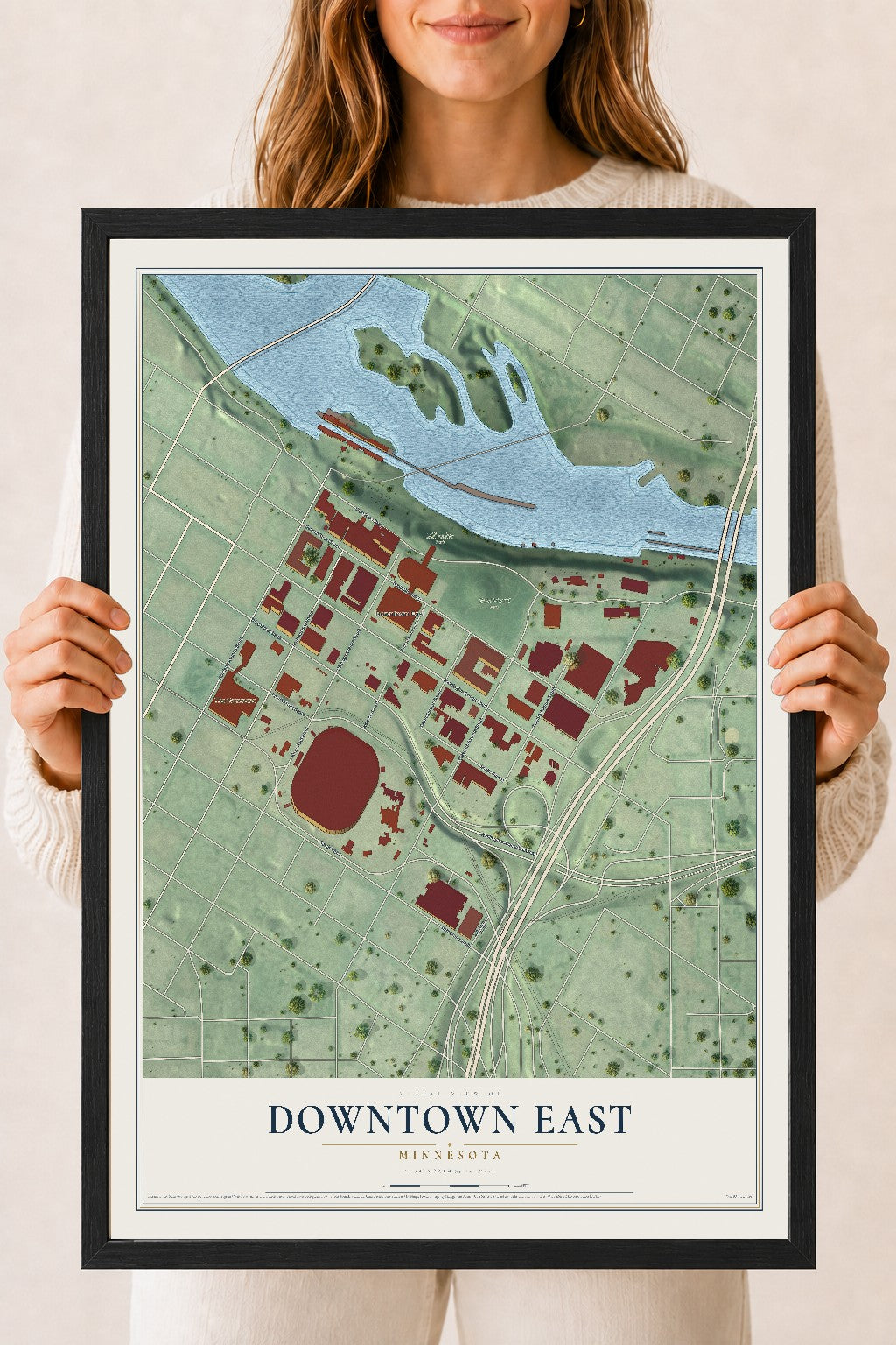 Map of Downtown East, Minnesota, 18 x 24 inch print in a black wood frame