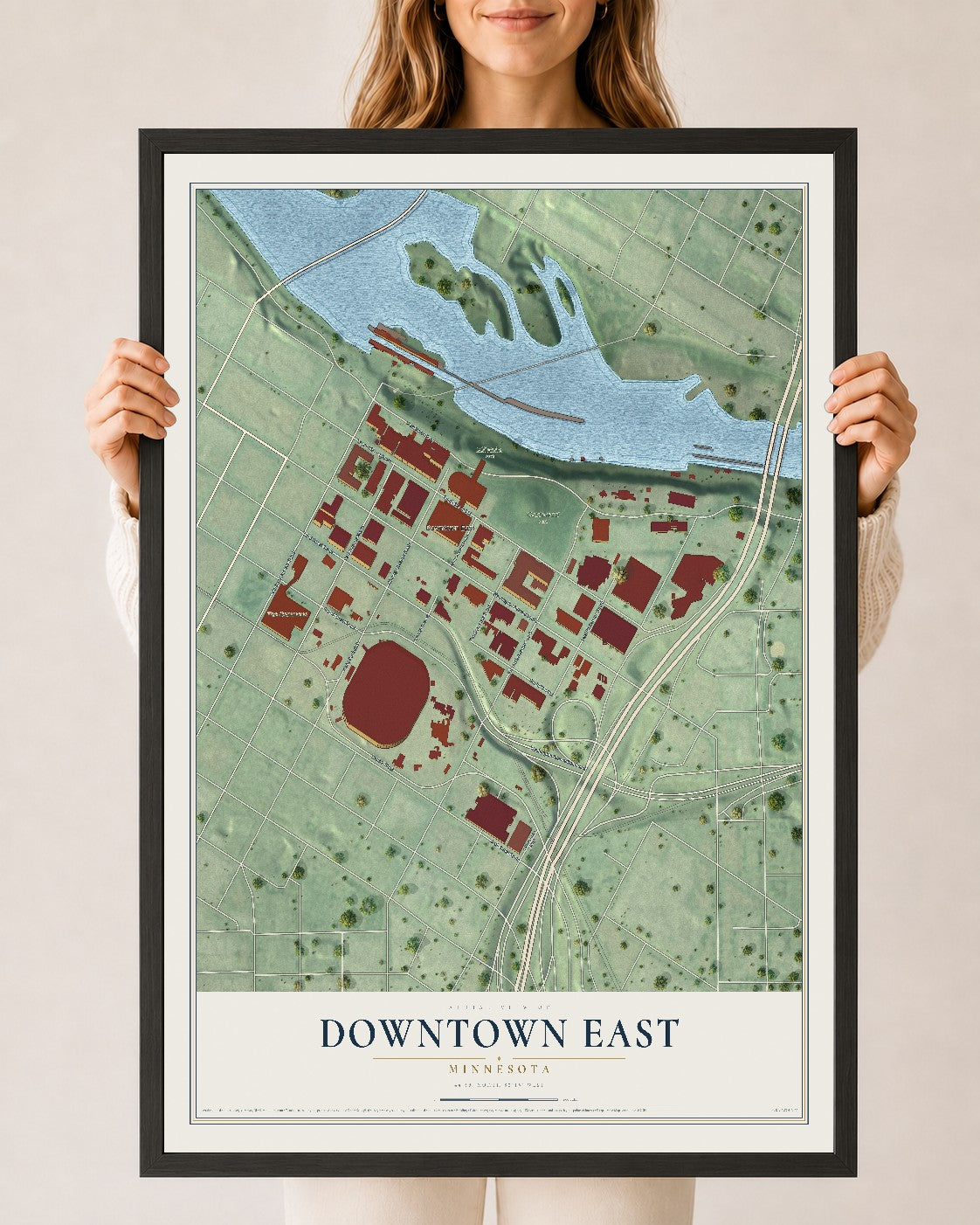 Map of Downtown East, Minnesota, 24 x 36 inch print in a black wood frame