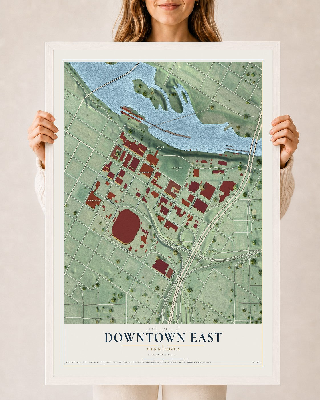 Map of Downtown East, Minnesota, 24 x 36 inch print in a white wood frame