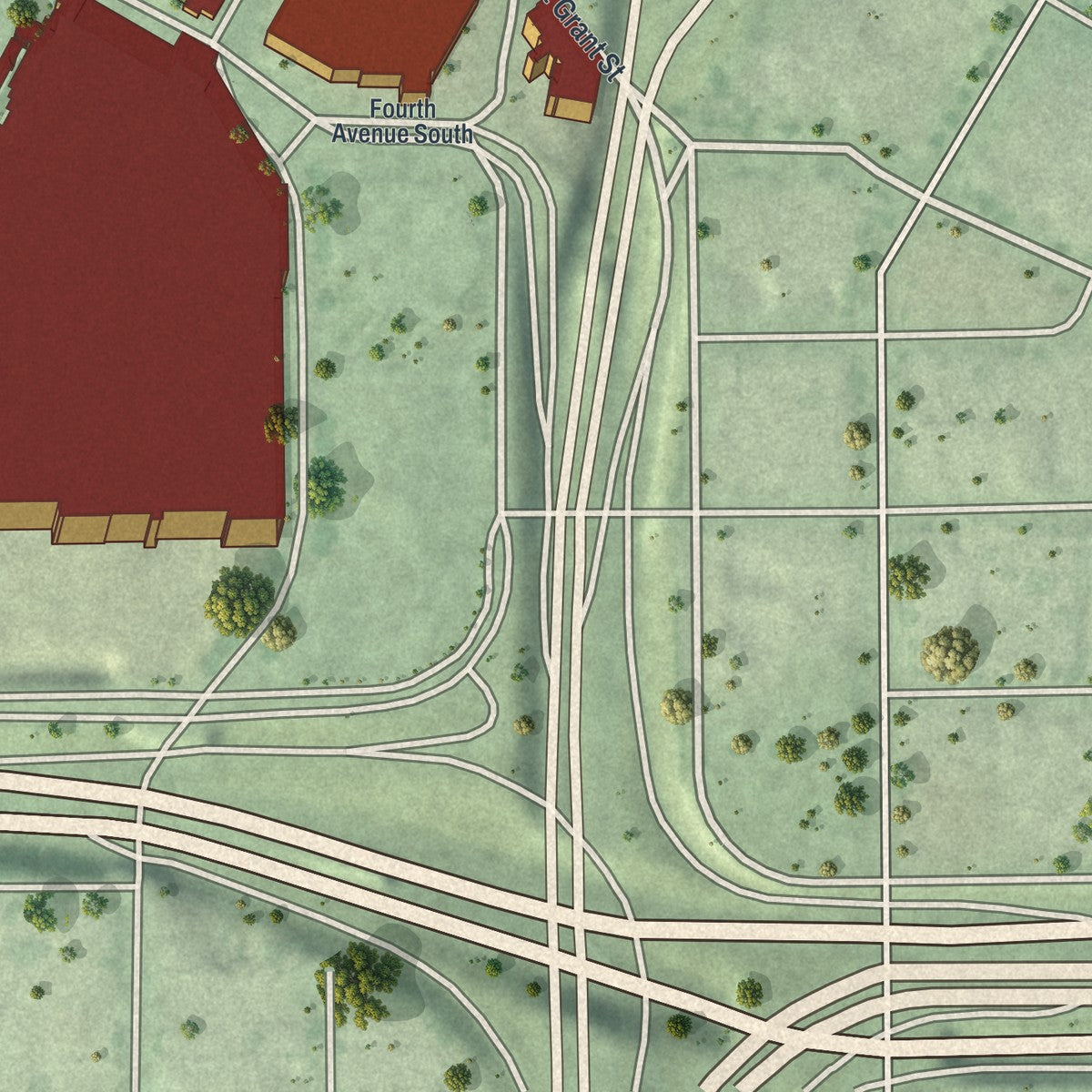 Close-up of the map of Downtown West, Minnesota print showing street and building detail