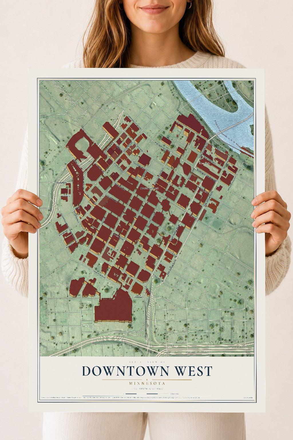 Map of Downtown West, Minnesota, 18 x 24 inch unframed archival matte print