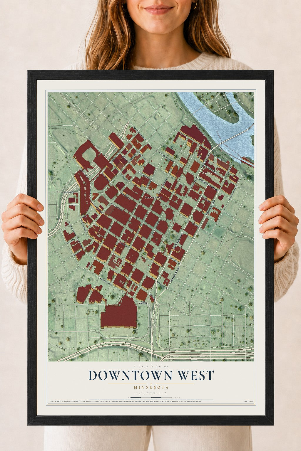 Map of Downtown West, Minnesota, 18 x 24 inch print in a black wood frame