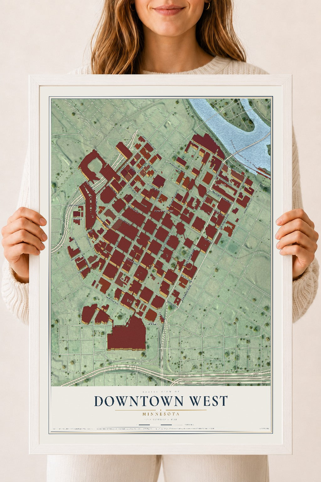 Map of Downtown West, Minnesota, 18 x 24 inch print in a white wood frame