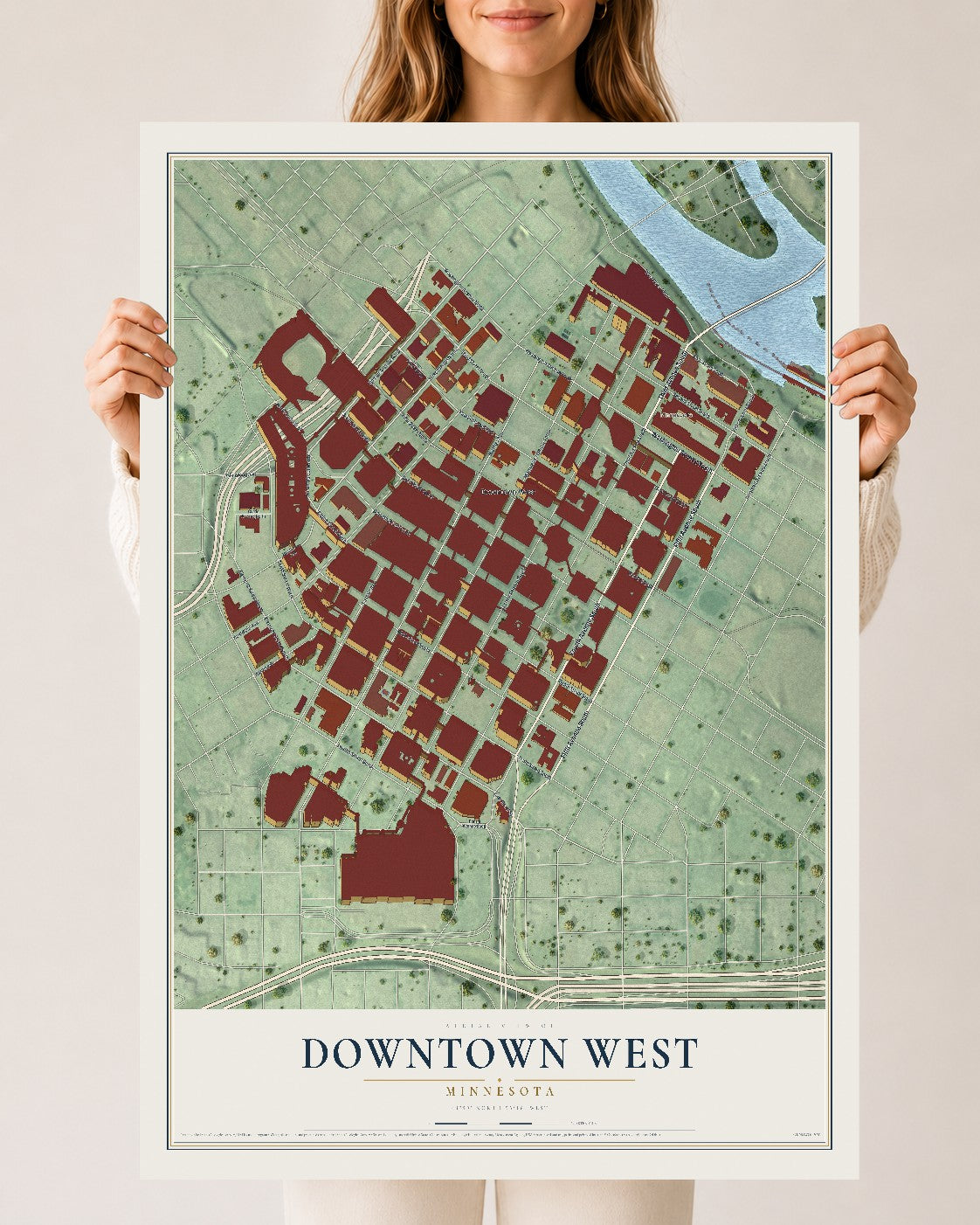 Map of Downtown West, Minnesota, 24 x 36 inch unframed archival matte print