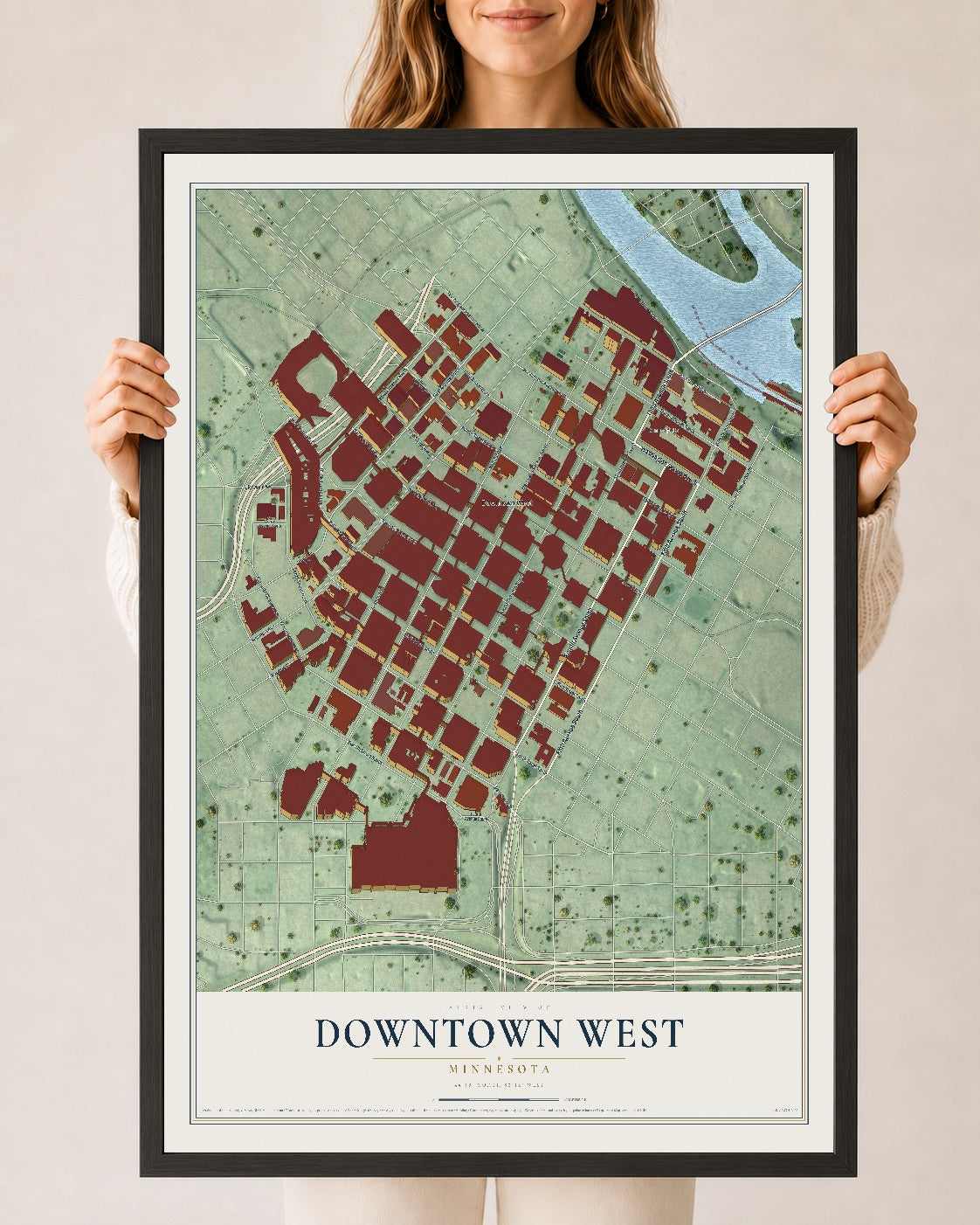 Map of Downtown West, Minnesota, 24 x 36 inch print in a black wood frame