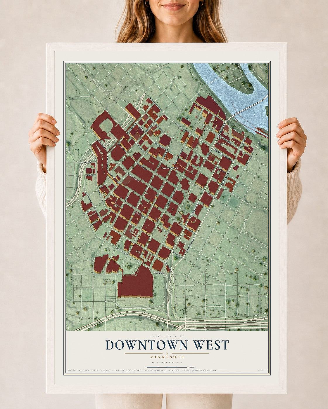 Map of Downtown West, Minnesota, 24 x 36 inch print in a white wood frame