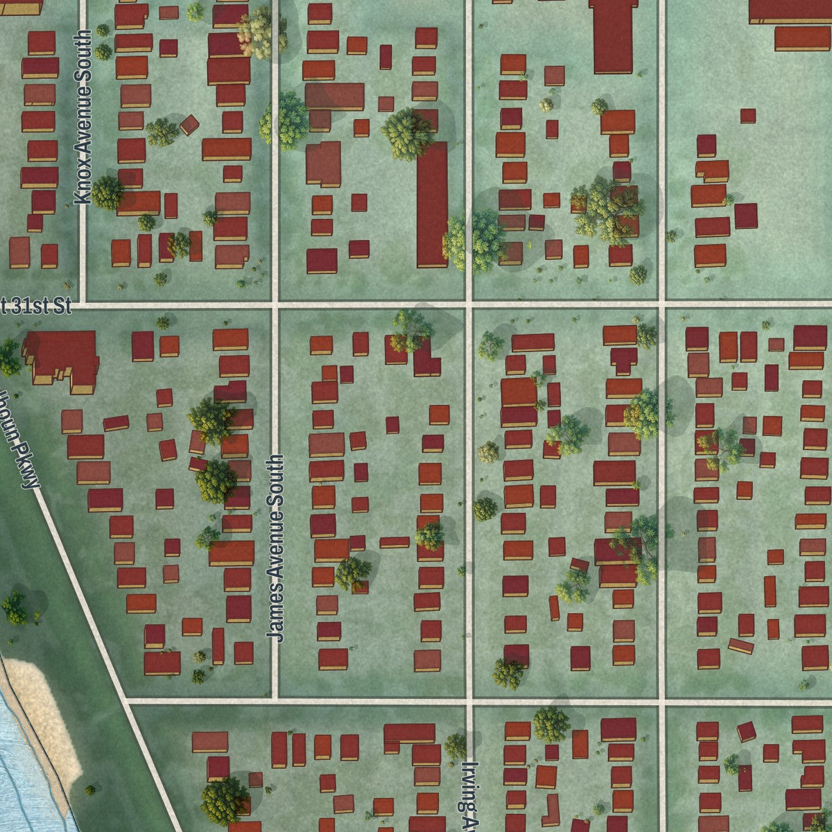 Close-up of the map of East Bde Maka Ska, Minnesota print showing street and building detail