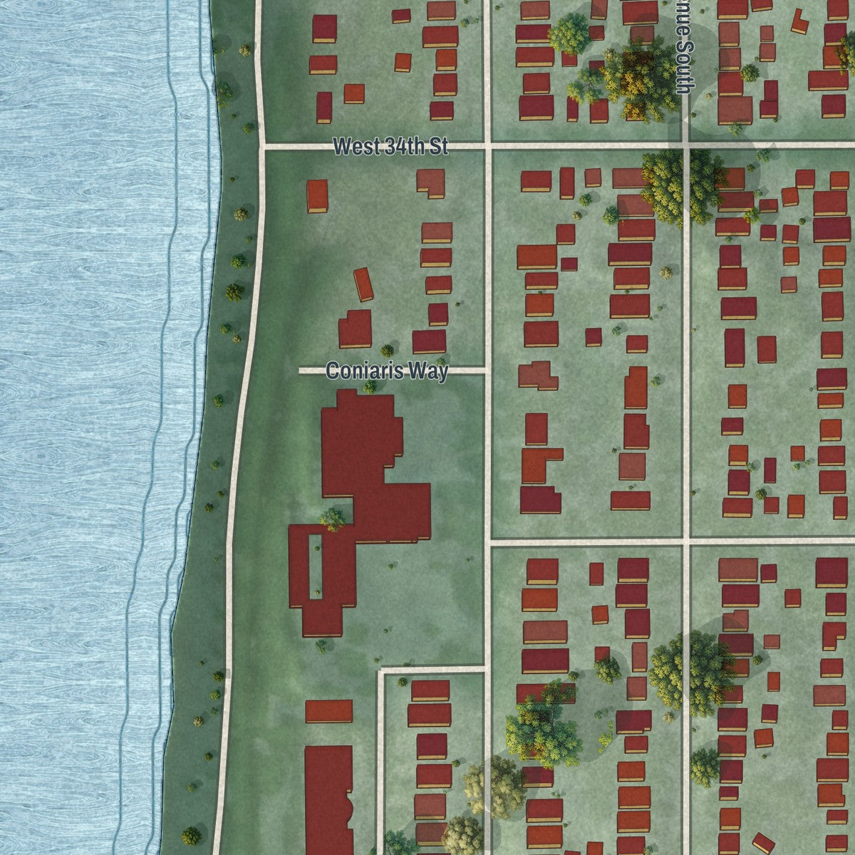 Second close-up of the map of East Bde Maka Ska, Minnesota print showing more streets and buildings