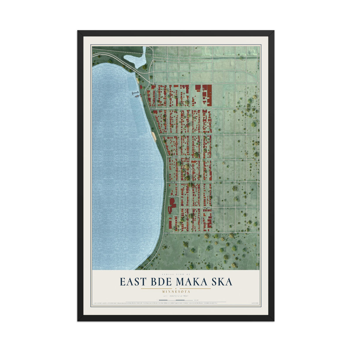 Map of East Bde Maka Ska, Minnesota, 12 x 18 inch print in a black wood frame