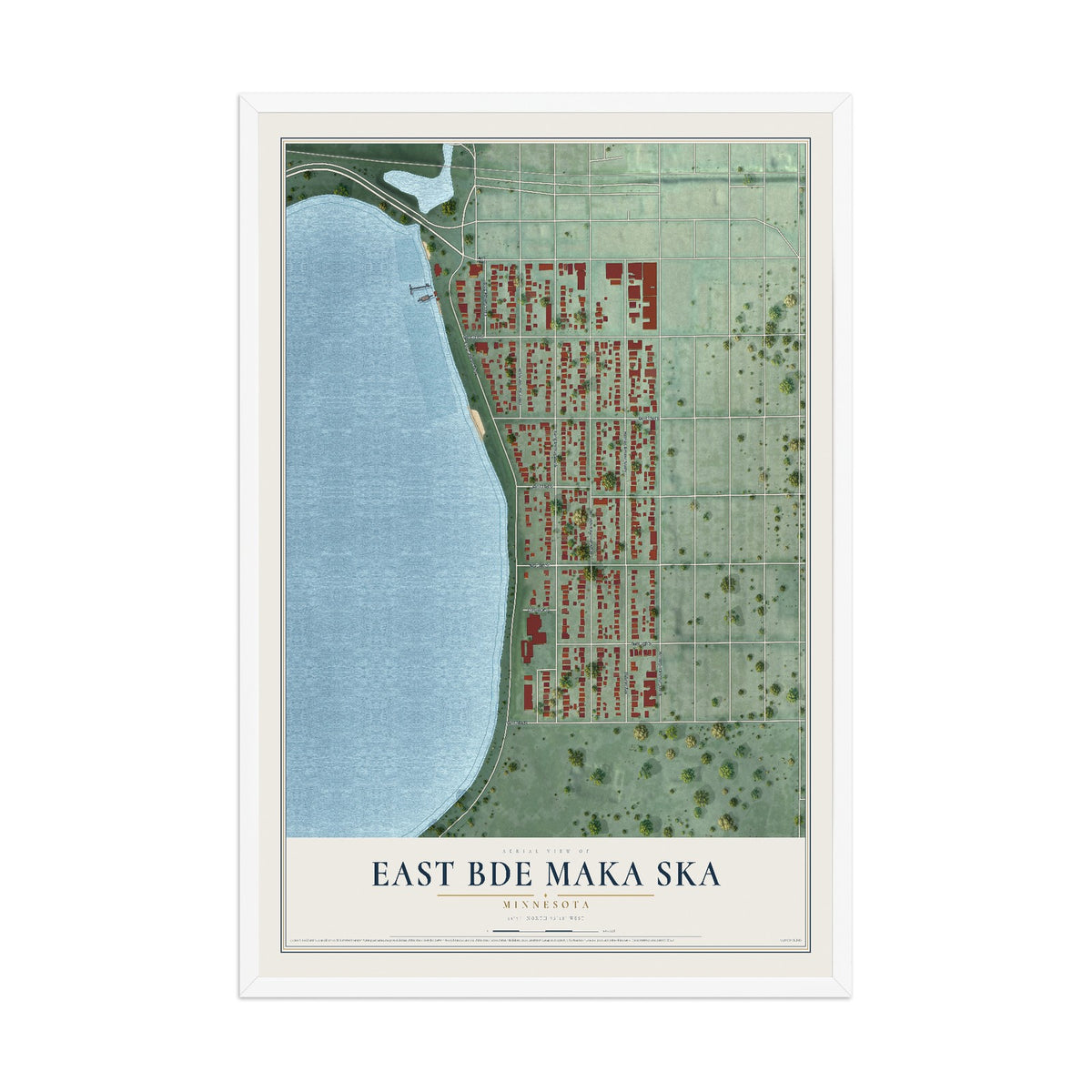 Map of East Bde Maka Ska, Minnesota, 12 x 18 inch print in a white wood frame