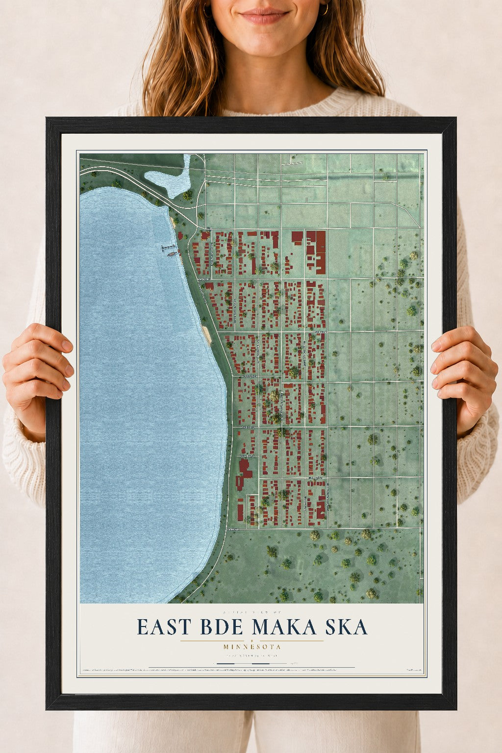 Map of East Bde Maka Ska, Minnesota, 18 x 24 inch print in a black wood frame