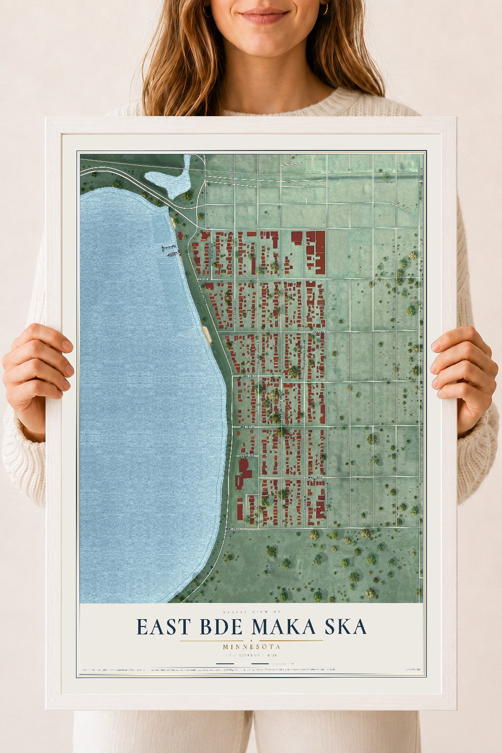 Map of East Bde Maka Ska, Minnesota, 18 x 24 inch print in a white wood frame