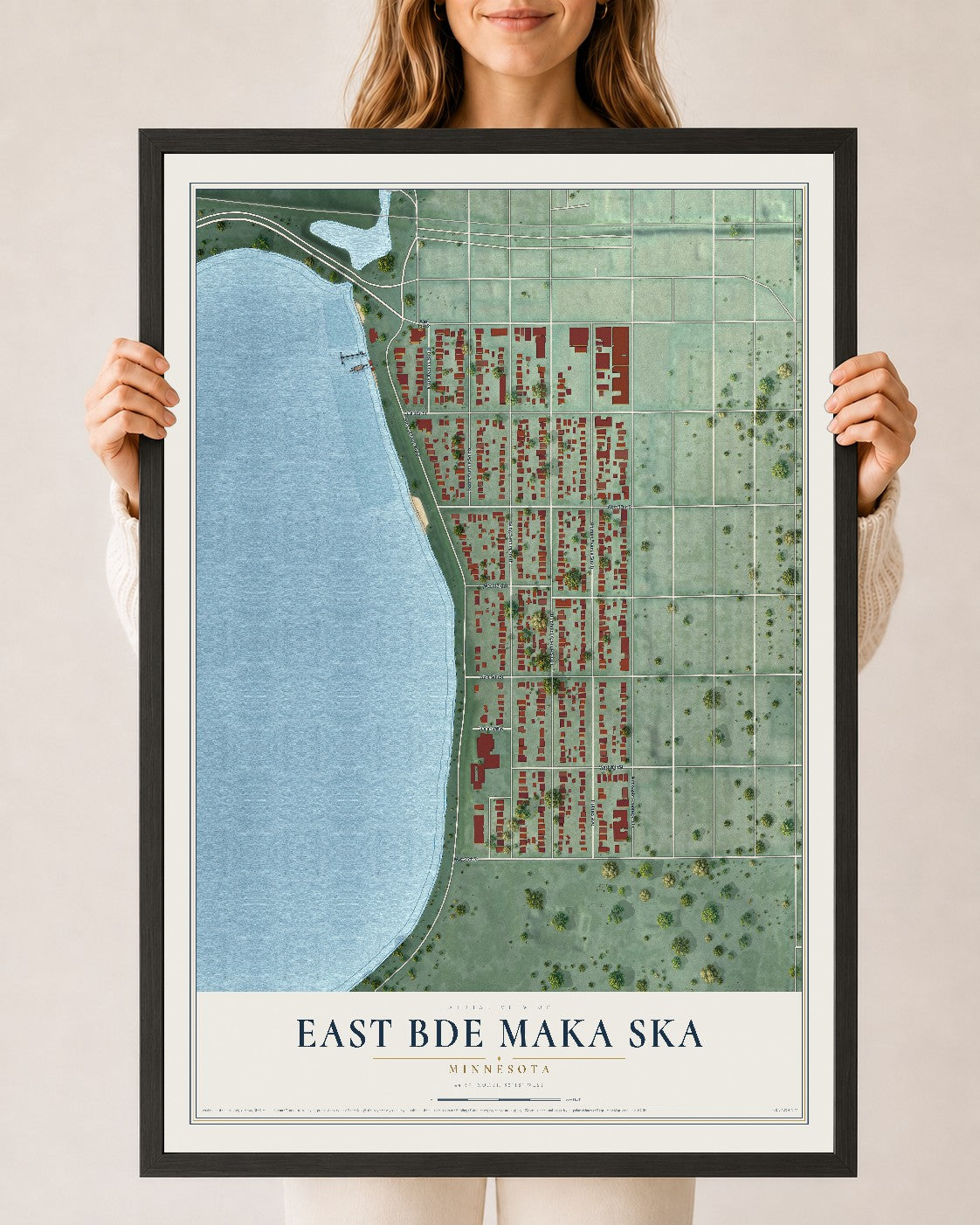 Map of East Bde Maka Ska, Minnesota, 24 x 36 inch print in a black wood frame