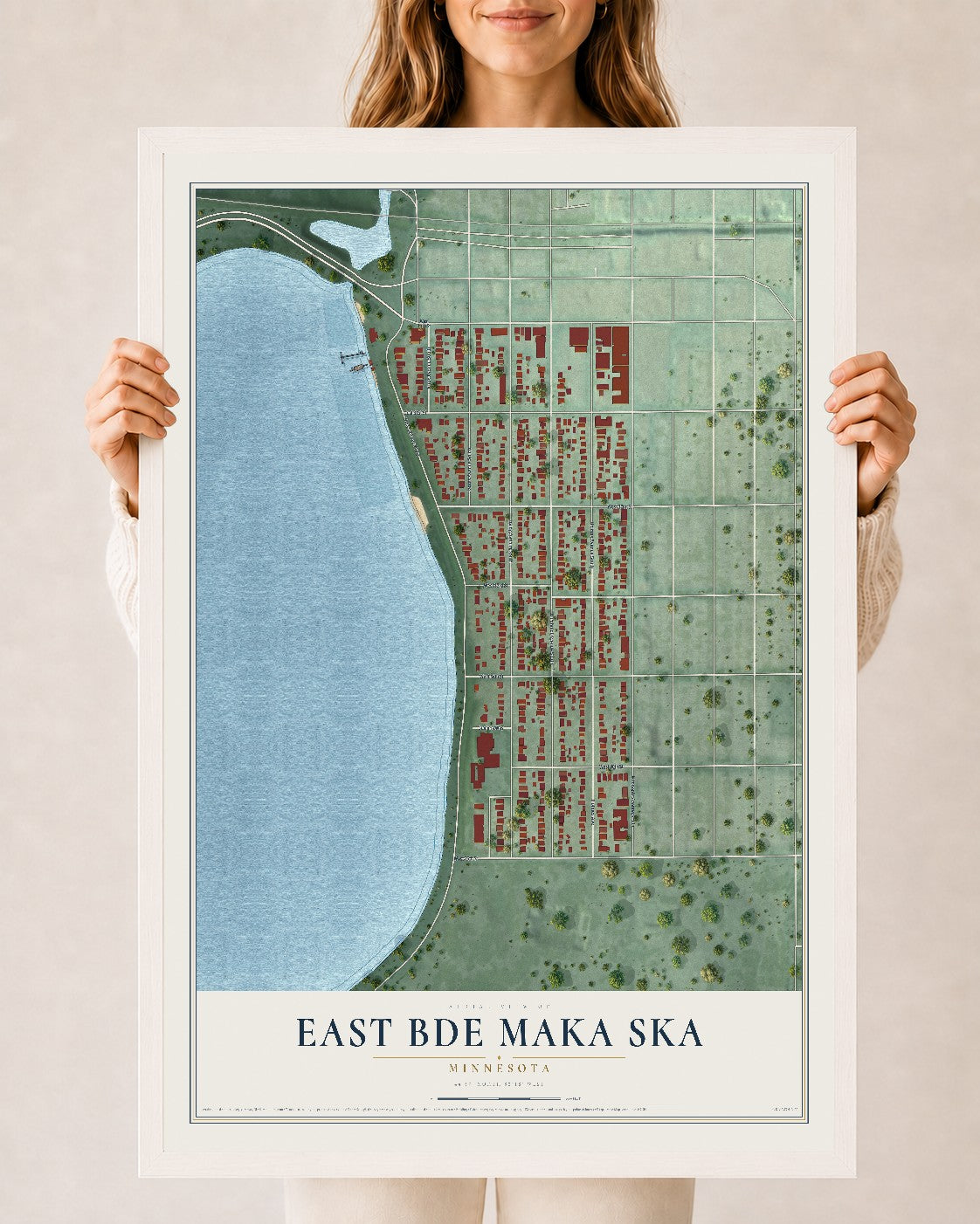 Map of East Bde Maka Ska, Minnesota, 24 x 36 inch print in a white wood frame