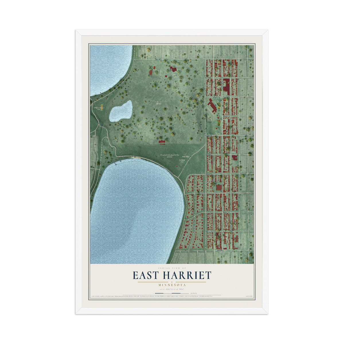Map of East Harriet, Minnesota, 12 x 18 inch print in a white wood frame