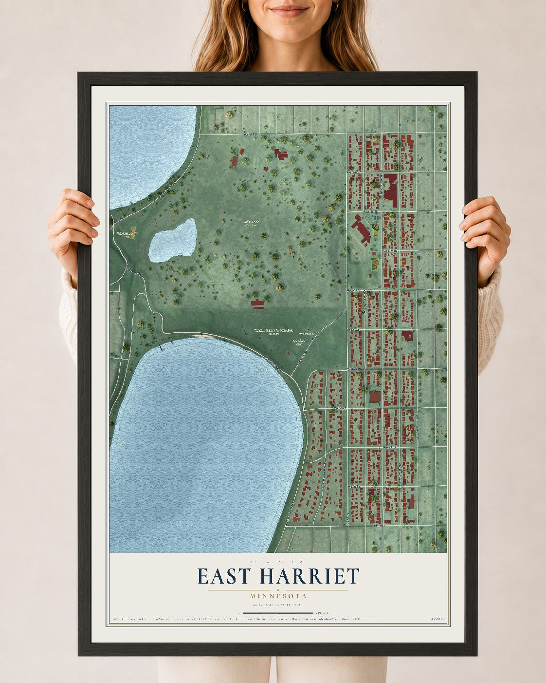 Map of East Harriet, Minnesota, 24 x 36 inch print in a black wood frame