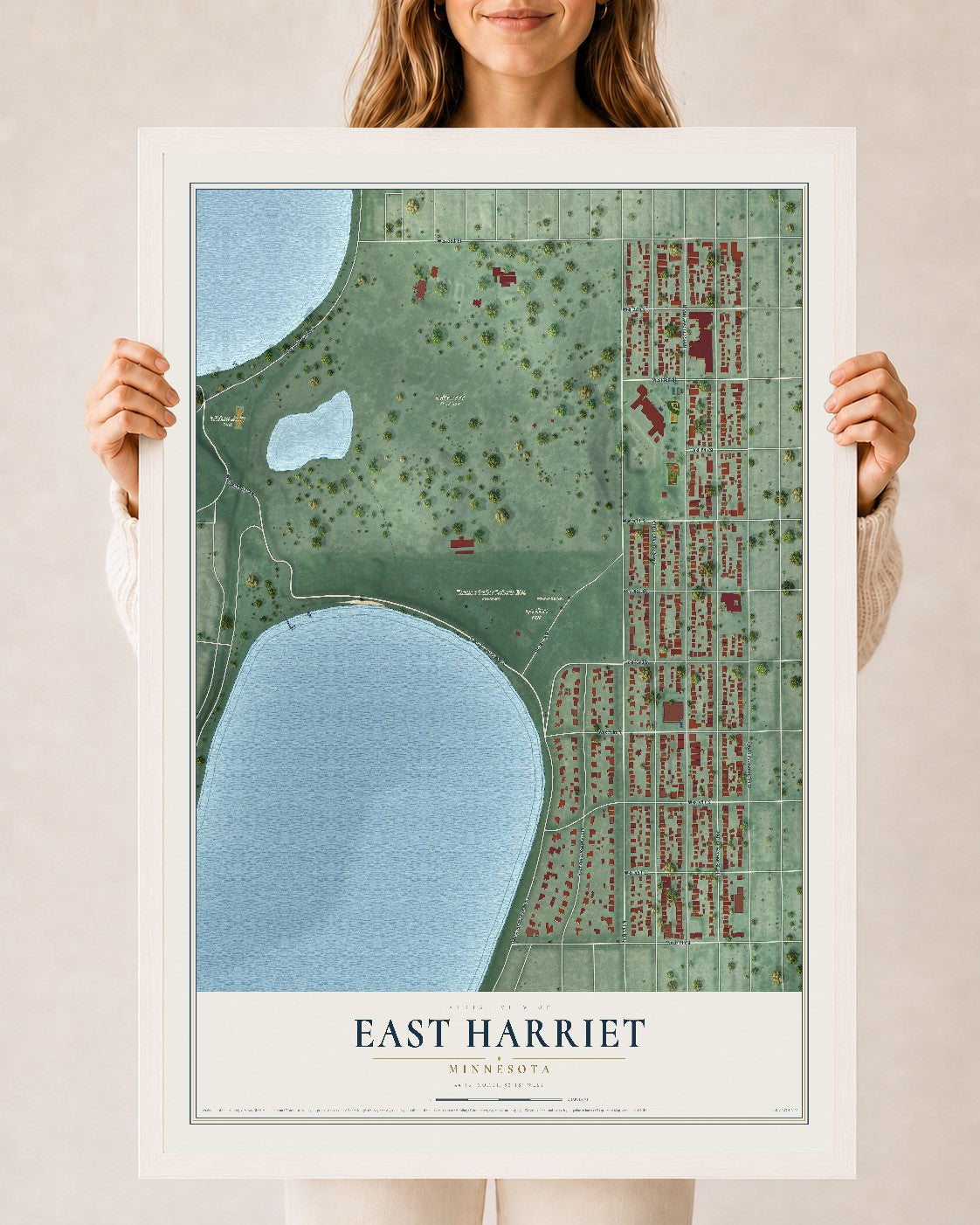 Map of East Harriet, Minnesota, 24 x 36 inch print in a white wood frame